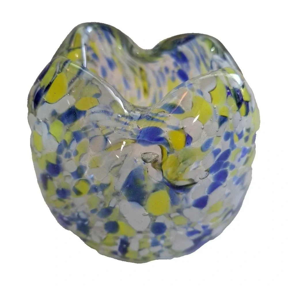 MCM Art Deco Glass Hand Blown Vase Cup Scallop Yellow Blue 3.5